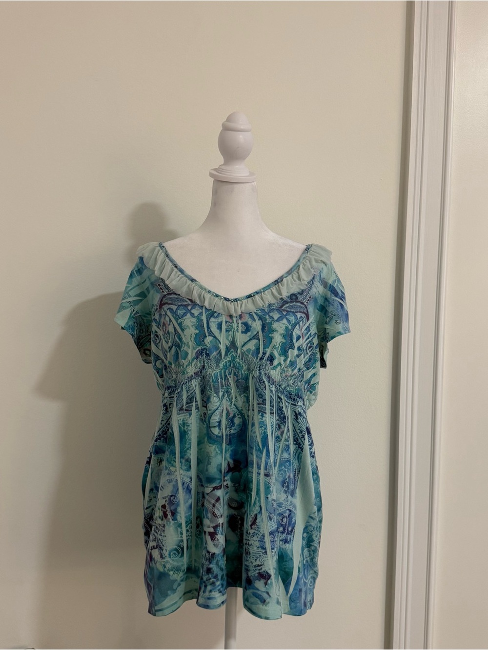 Unity World Y2K Whimsigoth Aqua Mesh Ruffle Empire Waist Blouse